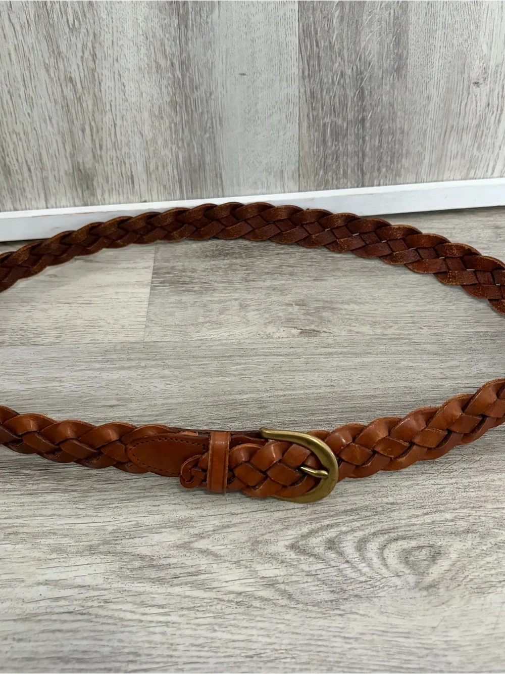 LL Bean Brass Buckle Braided Belt Size 34 Brown Woven Leather Vintage Mens Women